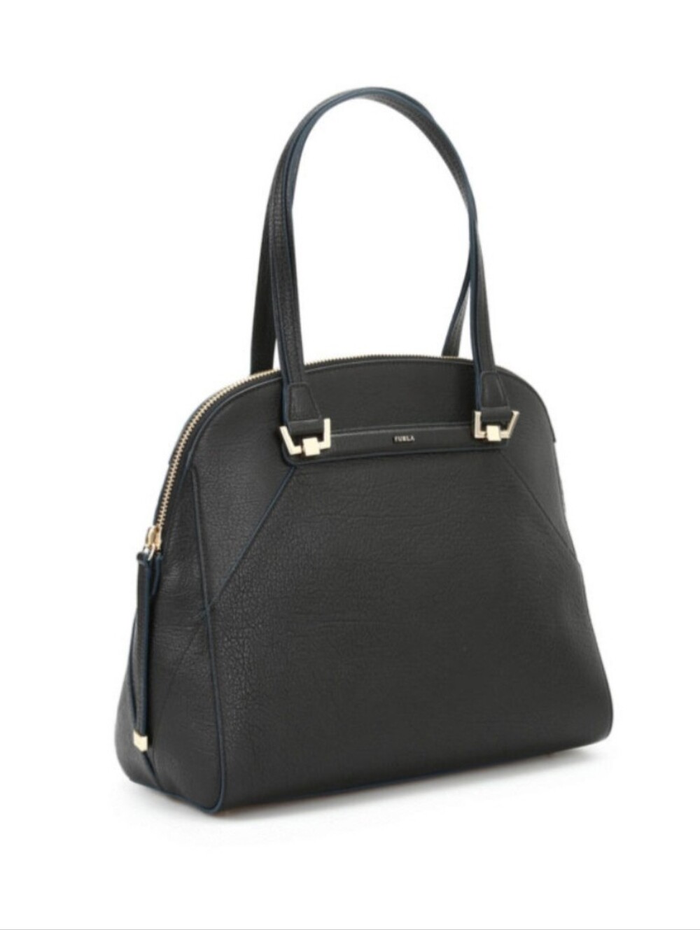 Furla  Corona Black Pebbled Leather Dome Satchel with Gold Hardware